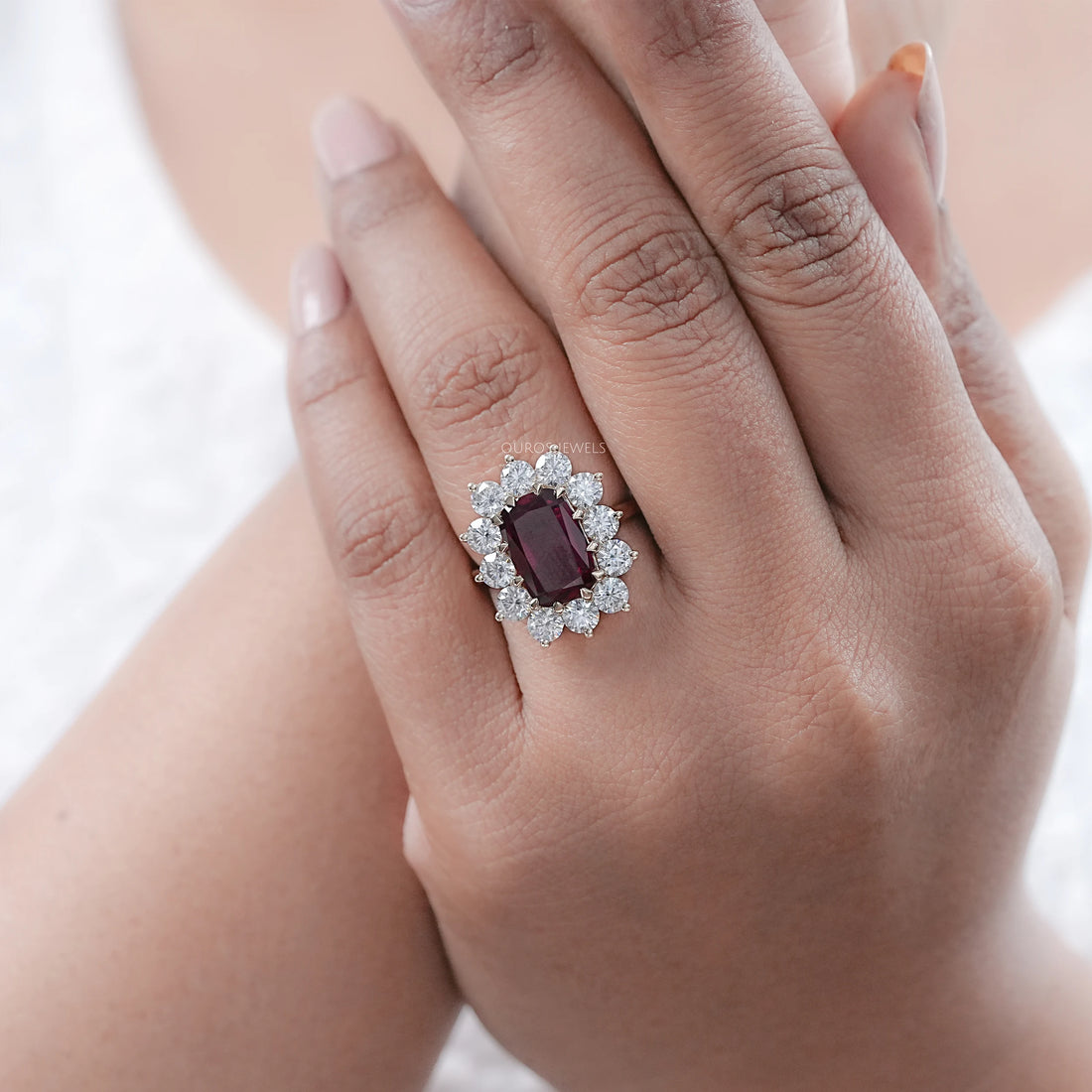 Ruby Elongated Cushion Gemstone Halo Diamond Ring
