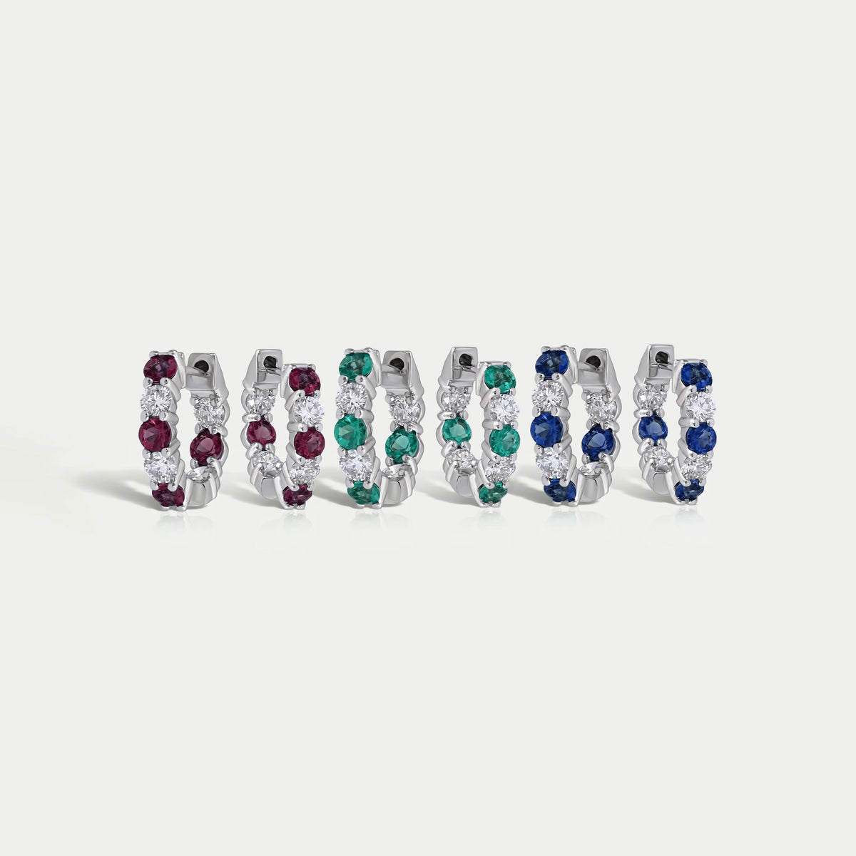 Multi Gemstone And Round Diamond In-Out Hoop Earrings