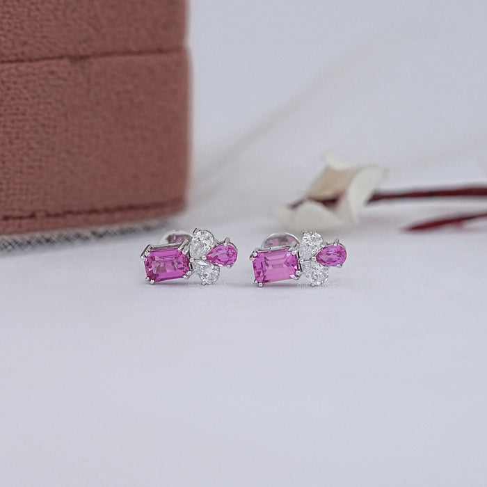 Lab Pink Emerald Gemstone Stud Earrings