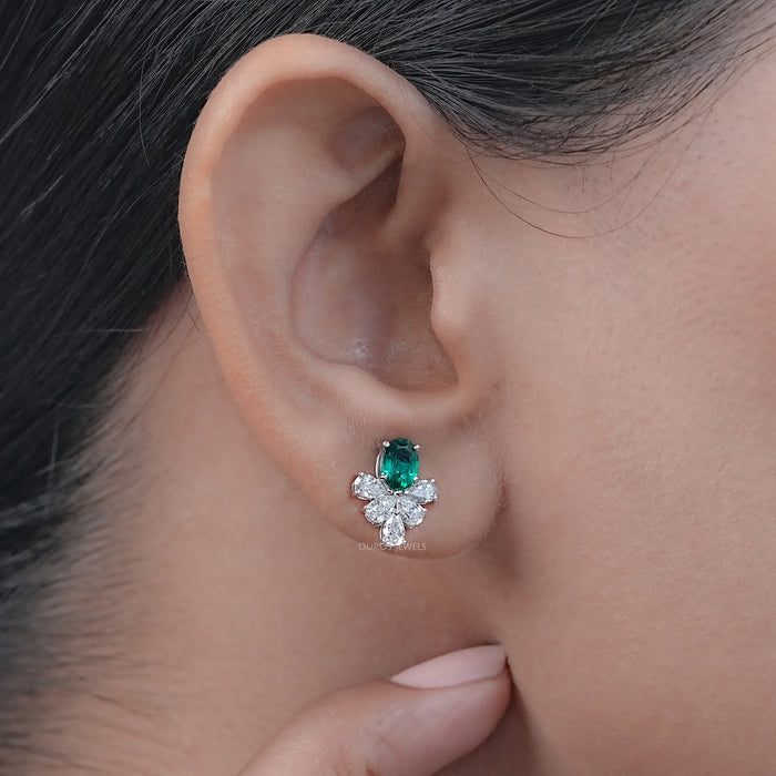 Green Oval  And Pear Lab Diamond Floral Stud Earrings