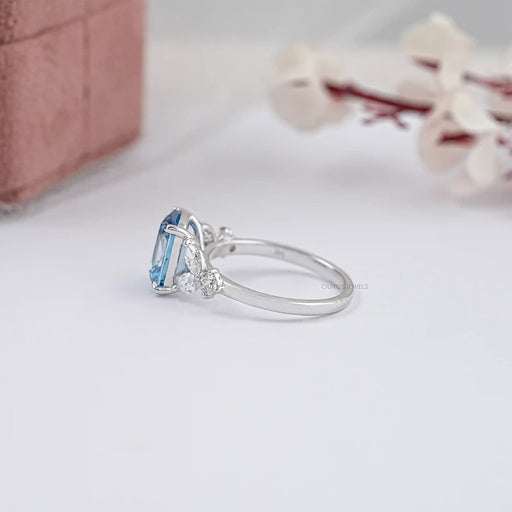 side view of fancy blue old mine cushion-cut lab diamond colored engagement ring