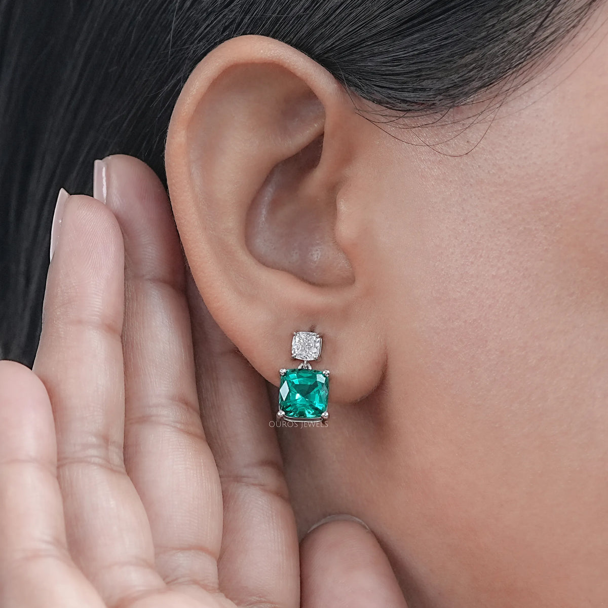 Green Cushion Gemstone Drop Earrings Earrings