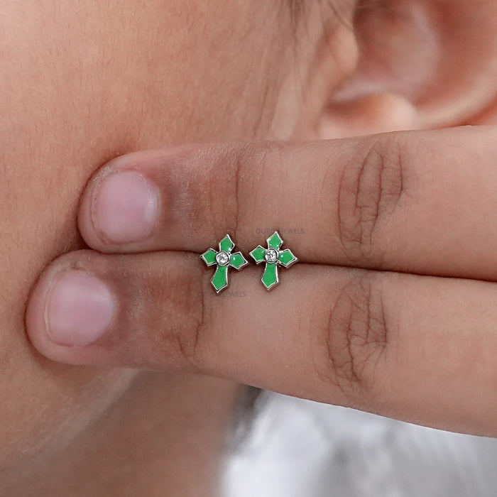 Enamel Green Cross Earrings For Kids