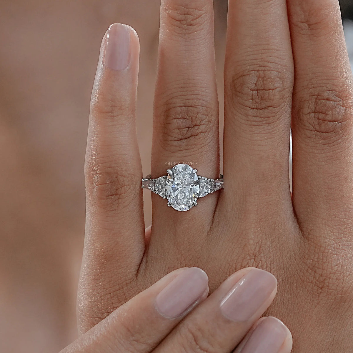 Oval And Half Moon Diamond Five Stone Engagement Ring Rings