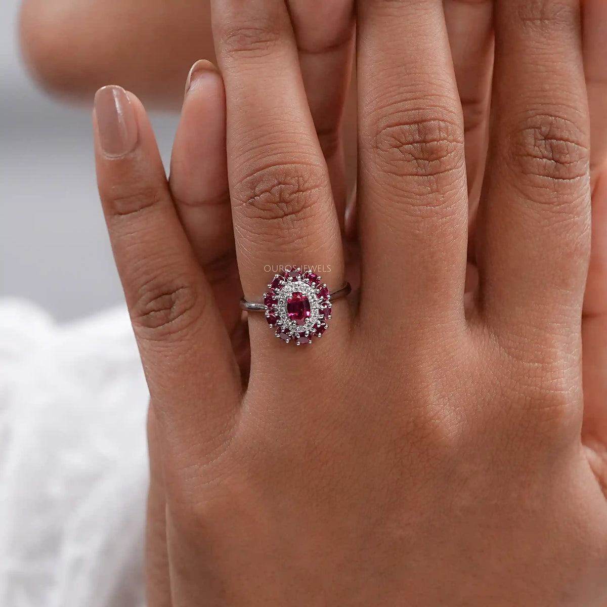 Round and Red Oval Diamond Double Halo Engagement Ring Ring