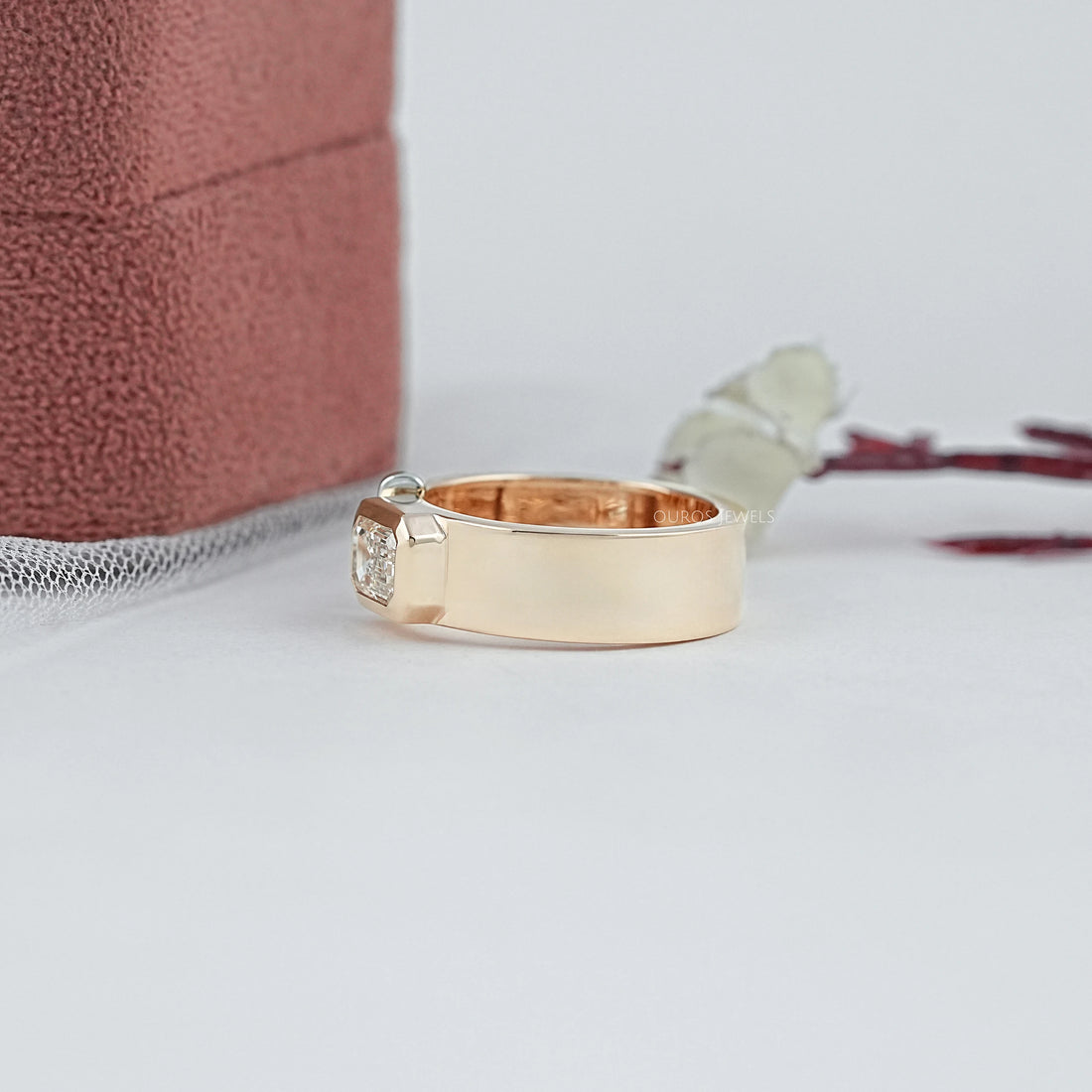 East West Emerald Diamond Bezel Set Men's Band Ring