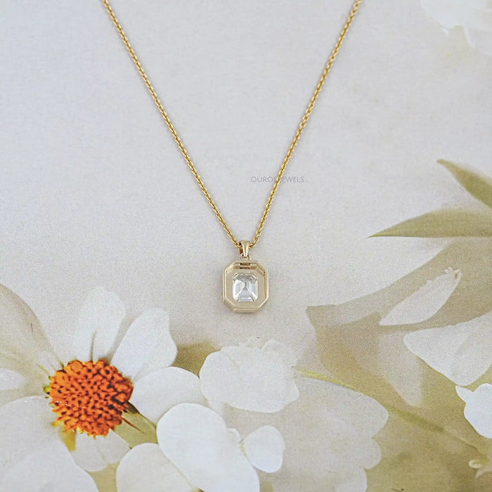 Old Mine Emerald Lab Diamond Milgrain Bezel Set Pendant