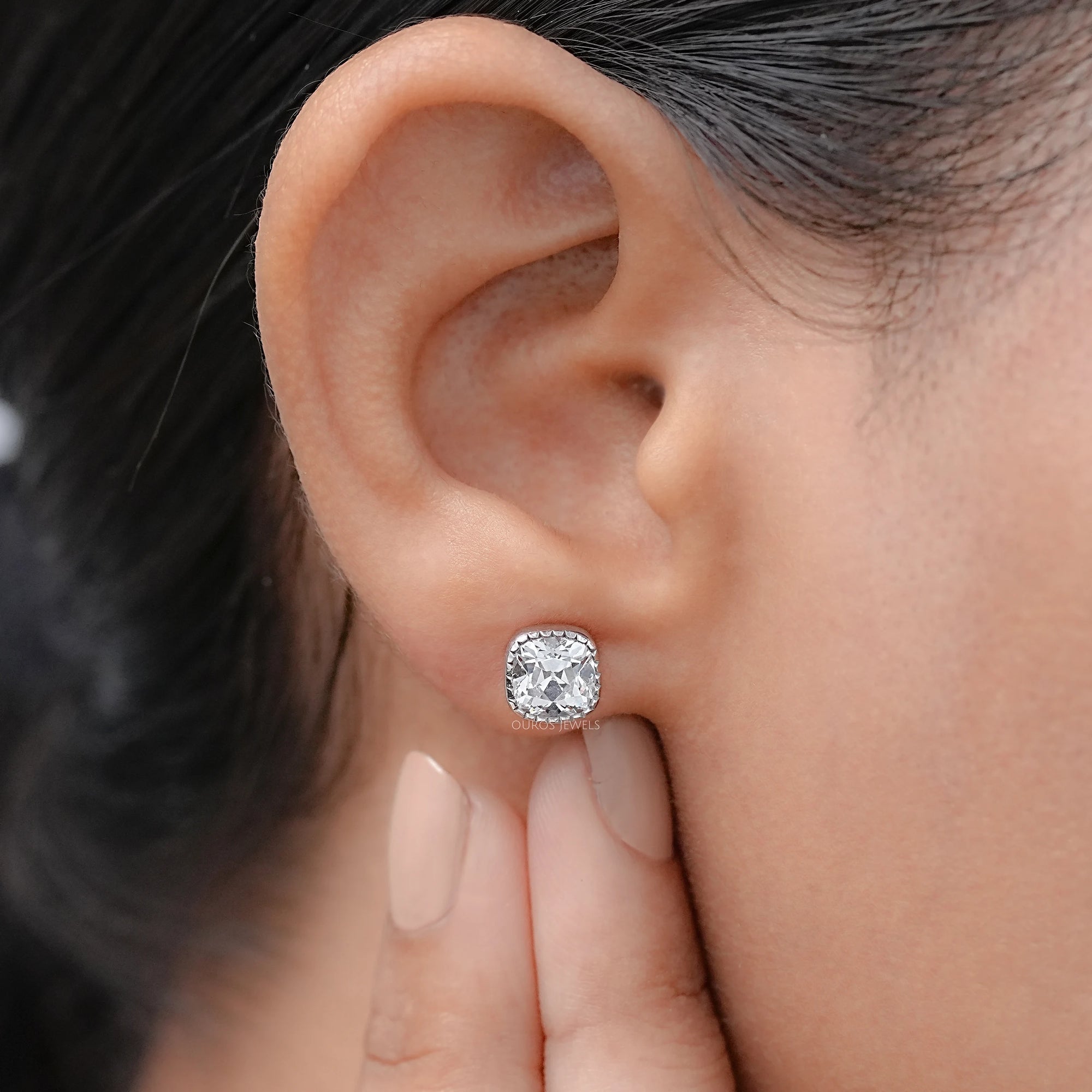 Square Old Mine Cushion Diamond Milgrain Stud Earrings Earrings