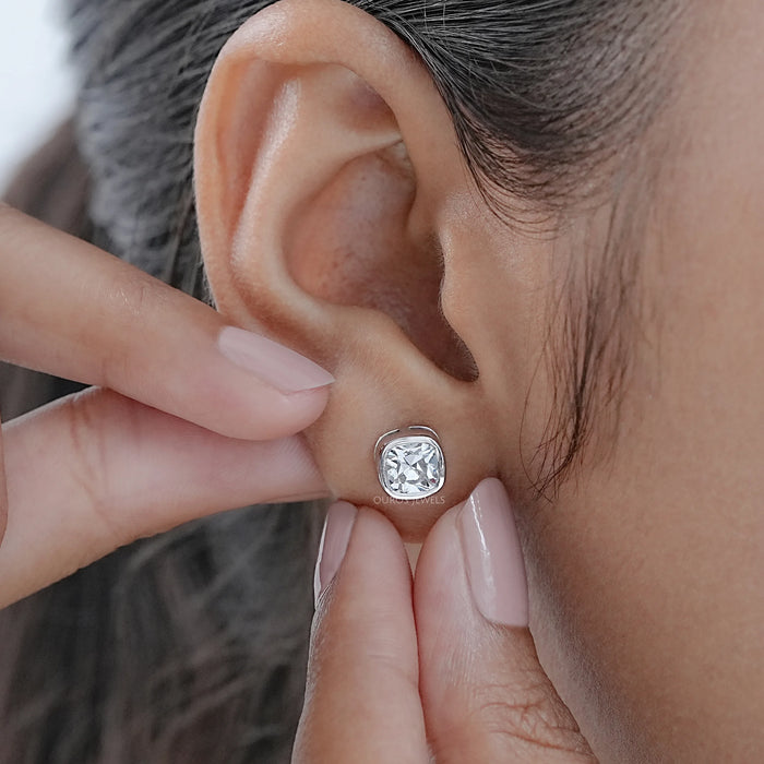 Square Old Mine Cushion Diamond Bezel Stud Earrings
