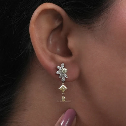 Yellow And White Diamond Floral Drop Earrings Earrings