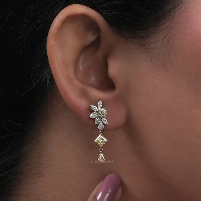 Boucles d'oreilles pendantes florales en diamant jaune et blanc