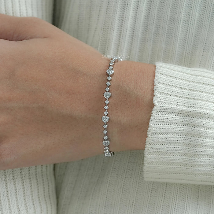 Heart And Round Diamond Bezel Set Bracelet