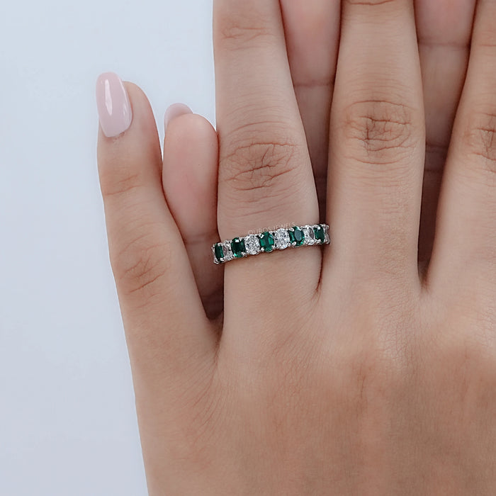 Green Oval Gemstone Half Eternity Wedding Band