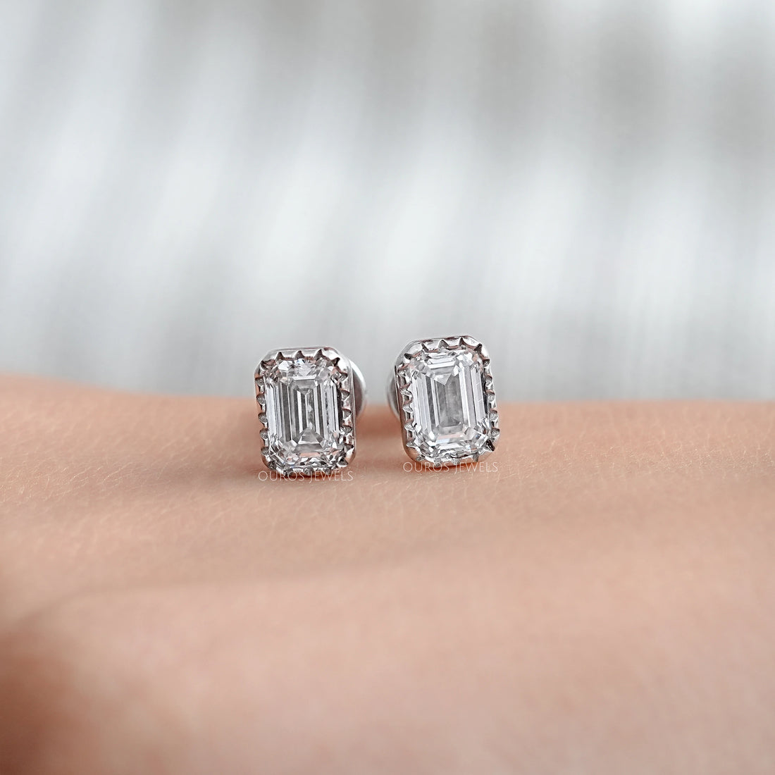 Emerald Cut Lab Diamond Milgrain Set Stud Earrings Earrings