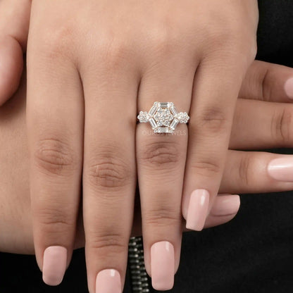 Octagon Shape Baguette Cut Halo Yellow Gold Engagement Ring