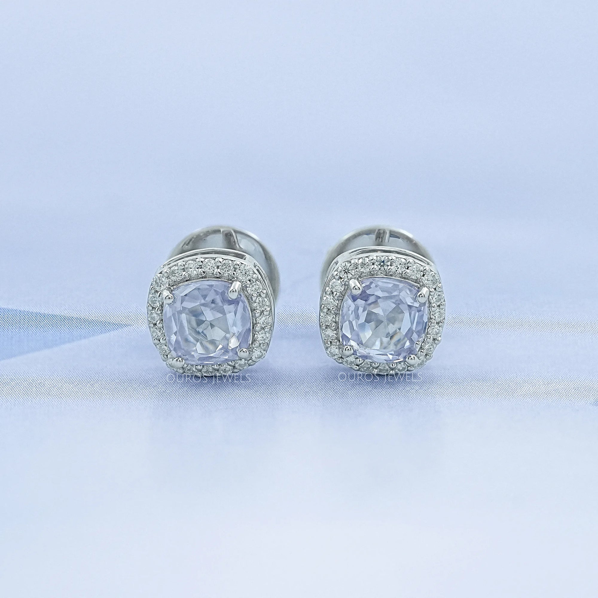 Light Purple Square Cushion Halo Stud Earrings