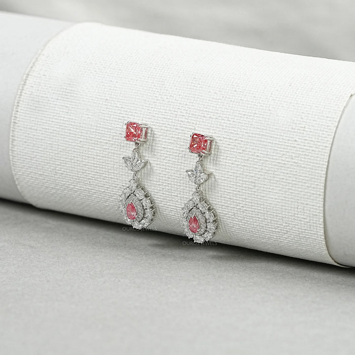 Pink Diamond Double Halo Pear Dangle Earrings