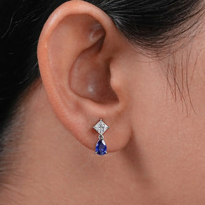 Pear Sapphire And  Princess Diamond Two Stone Earrings