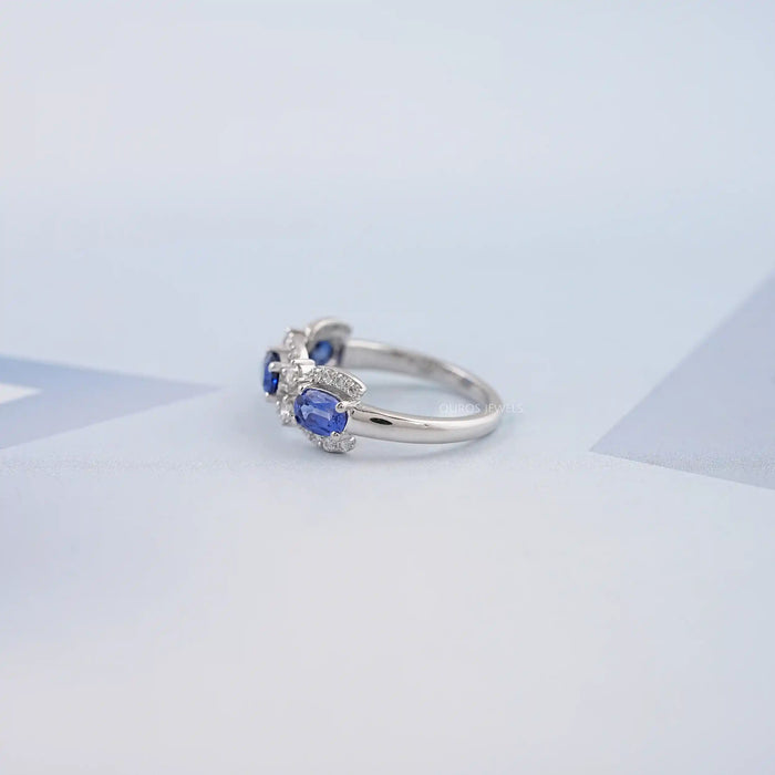 Oval Sapphire Halo Three Stone Engagement Ring