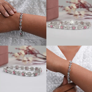 Bracelet tennis en diamants Asscher roses et fleurs