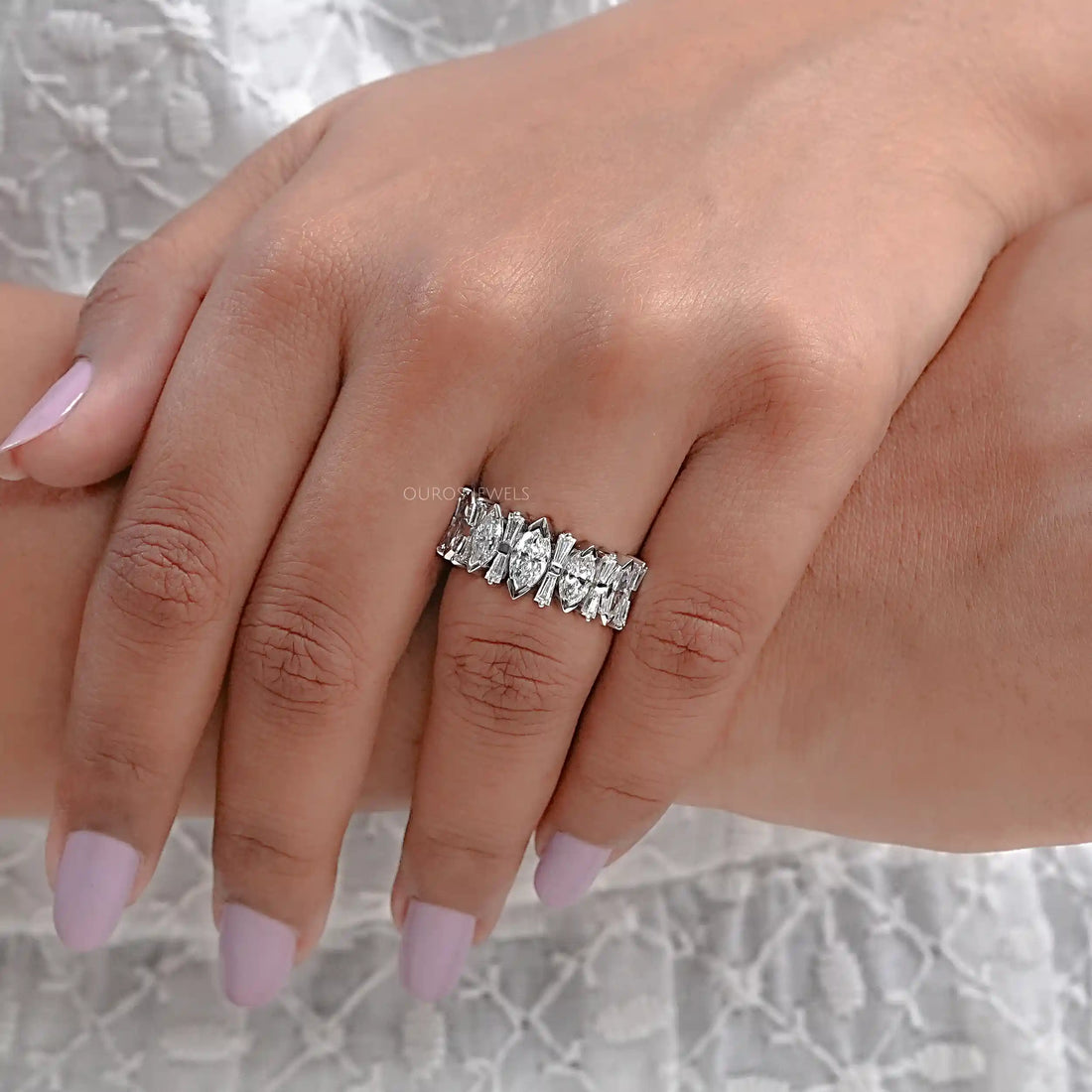 Marquise And Tapered Baguette Diamond Half Eternity Band Ring