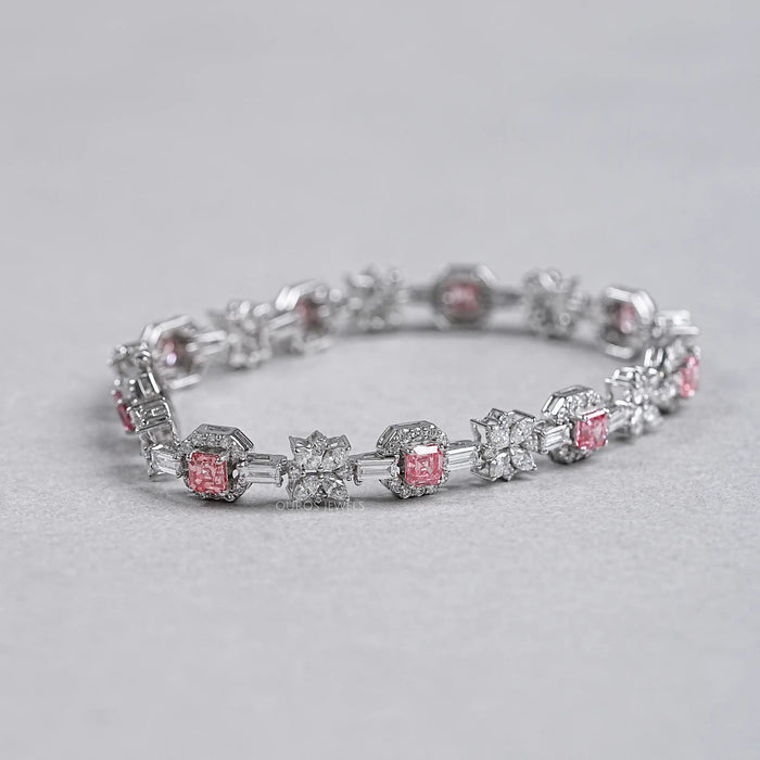 Bracelet tennis en diamants Asscher roses et fleurs