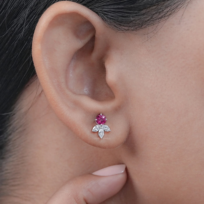 Ruby Round  And Marquise Lab Diamond Stud Earrings