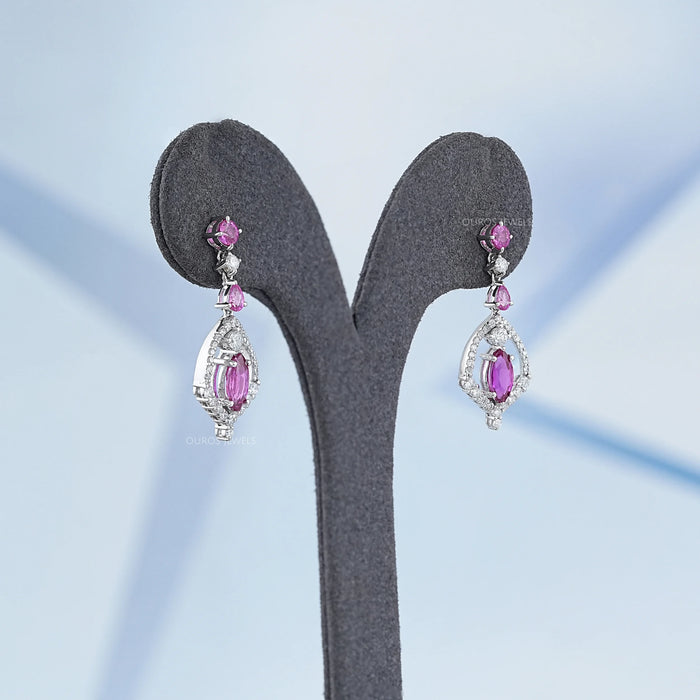 Pink Sapphire Marquise Cut Cluster Diamond Dangle Earrings