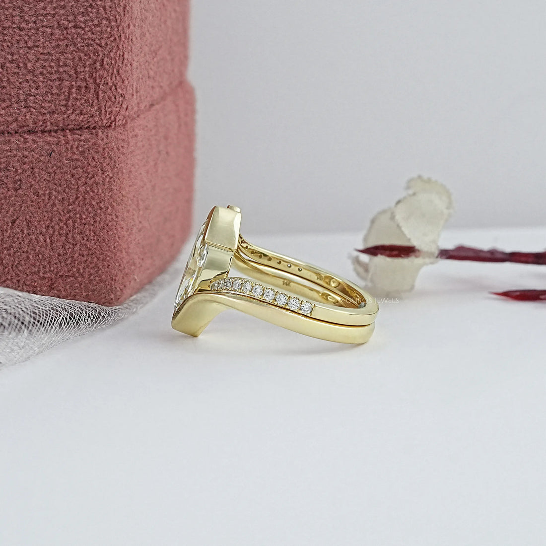 Half Bezel Marquise Lab Diamond Curved Ring Set Rings