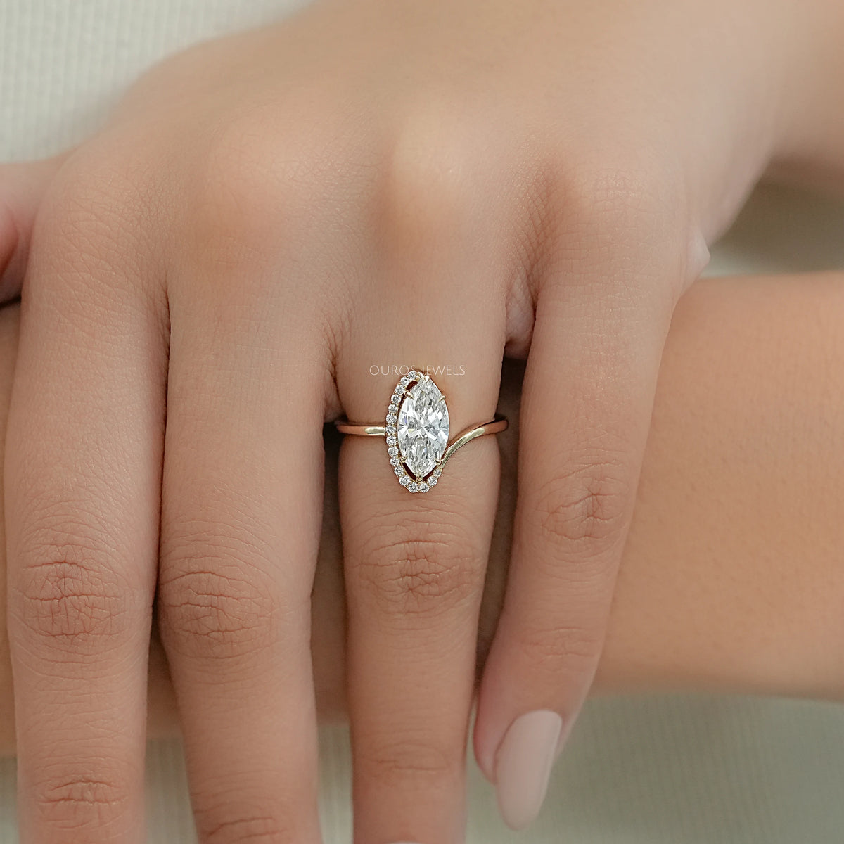 Marquise Lab Diamond Half Halo Bypass Ring