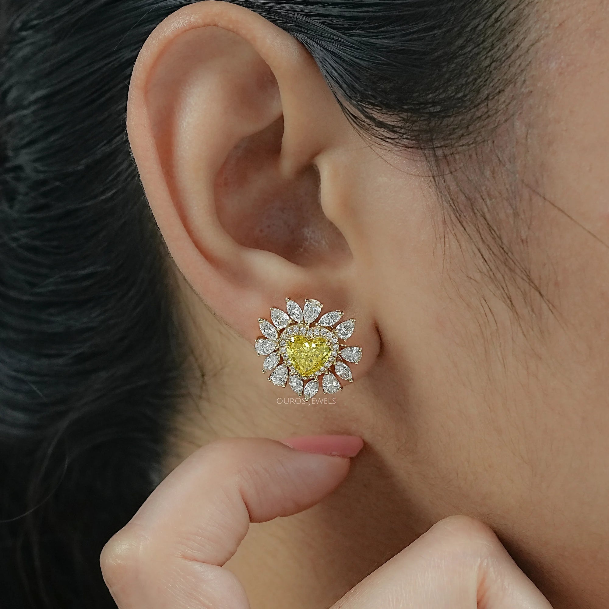 Yellow Heart Lab Diamond Double Halo Stud Earrings Earrings