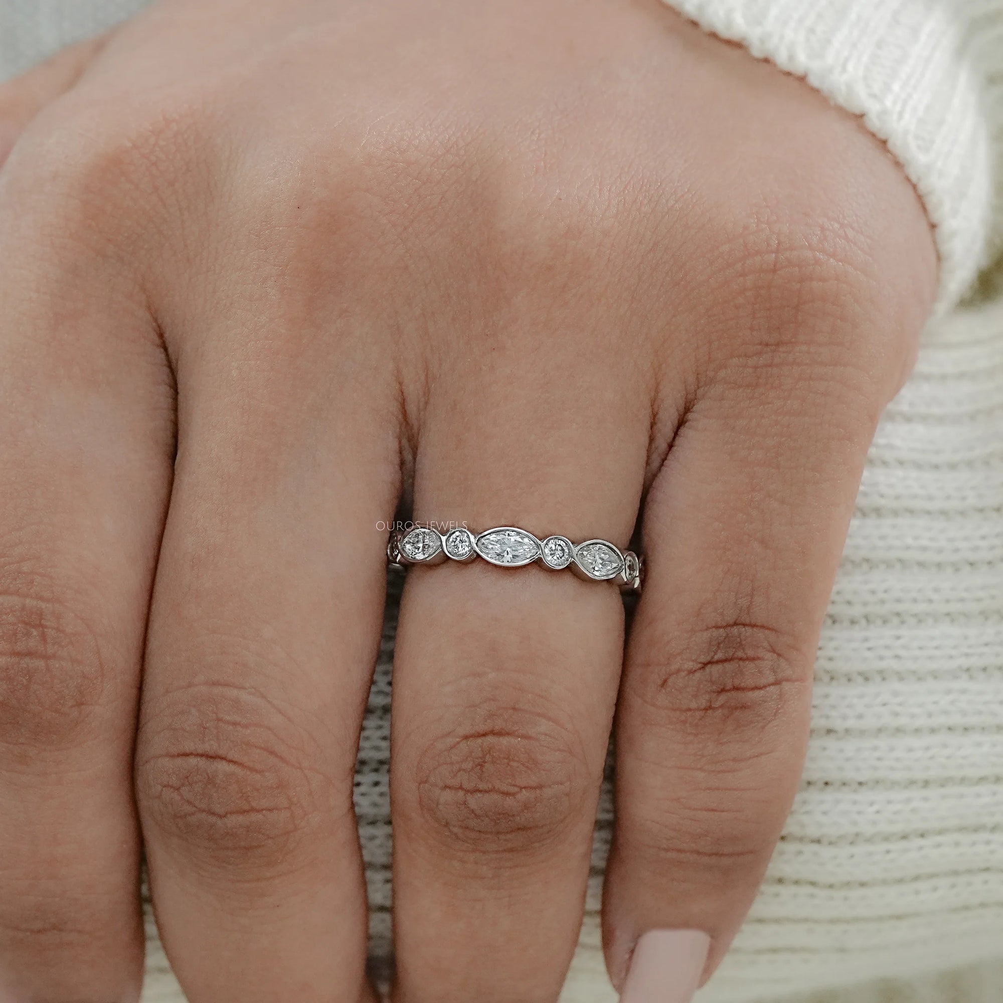 Marquise And Round Diamond Bezel Wedding Band Ring