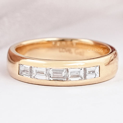 front view of baguette cut lab diamond yellow gold men's wedding band