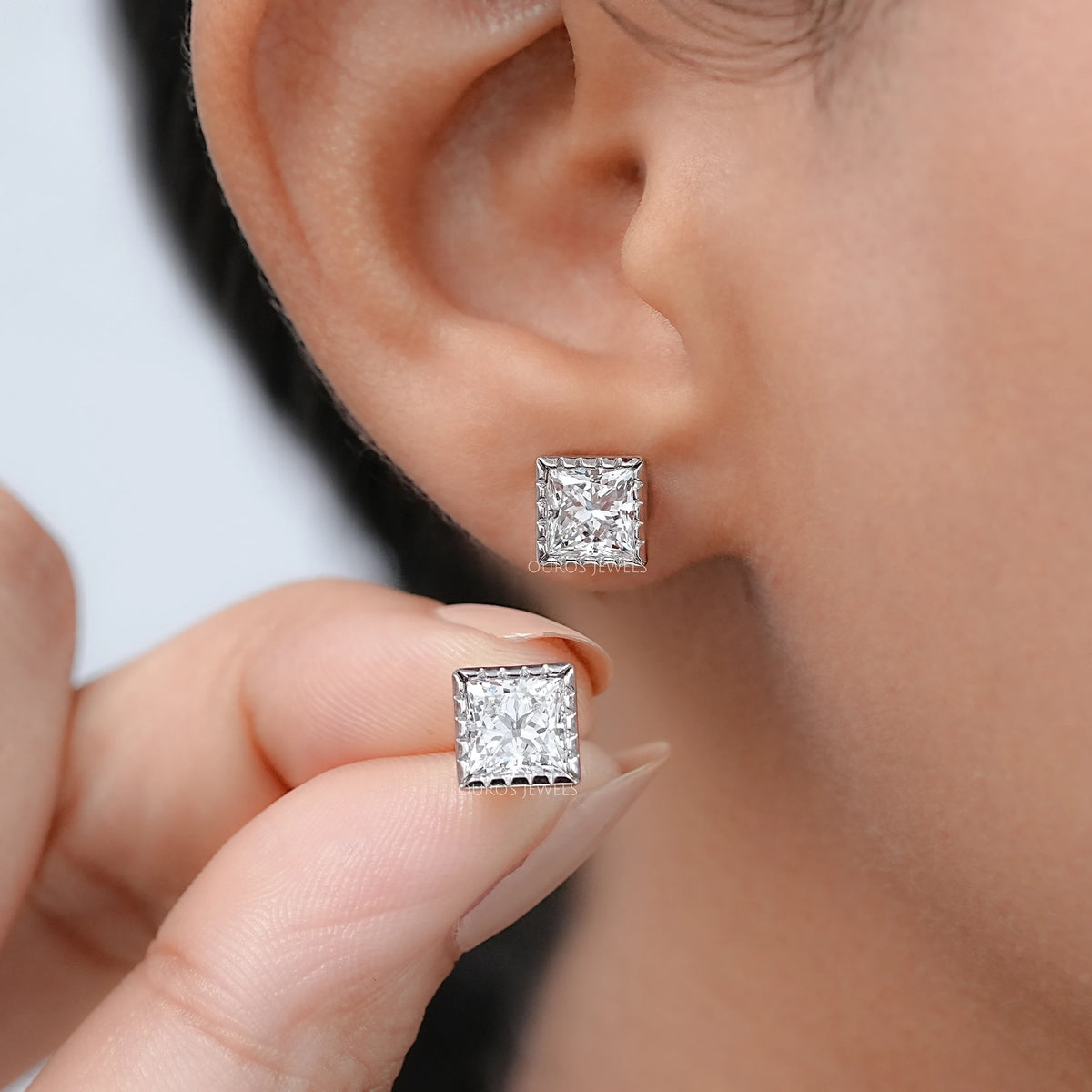 Milgrain Set Princess Lab Grown Diamond Stud Earrings Earrings