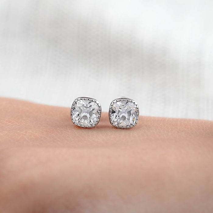 Square Old Mine Cushion Diamond Milgrain Stud Earrings