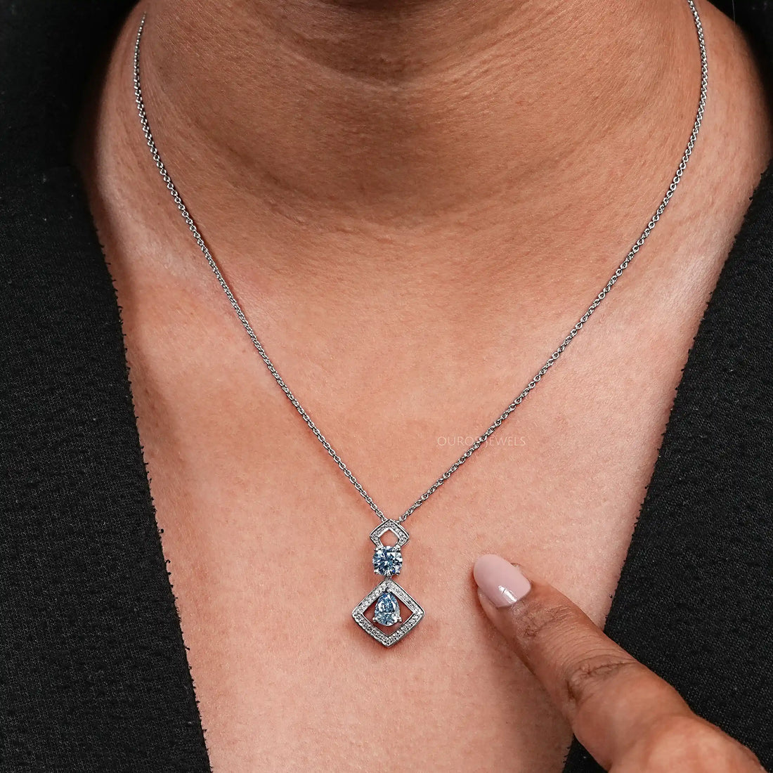 Blue Pear Diamond Halo Floating Pendant Necklaces