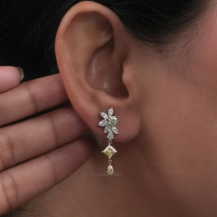 Boucles d'oreilles pendantes florales en diamant jaune et blanc