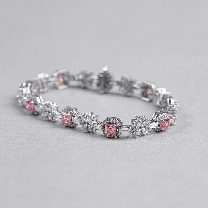 Bracelet tennis en diamants Asscher roses et fleurs