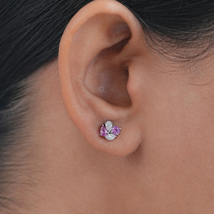 Pink Pear And Round Diamond Cluster Earrings