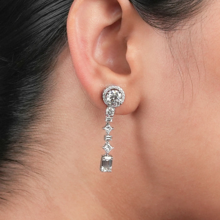 multiple shape diamond floating halo flat back drop earrings on ear