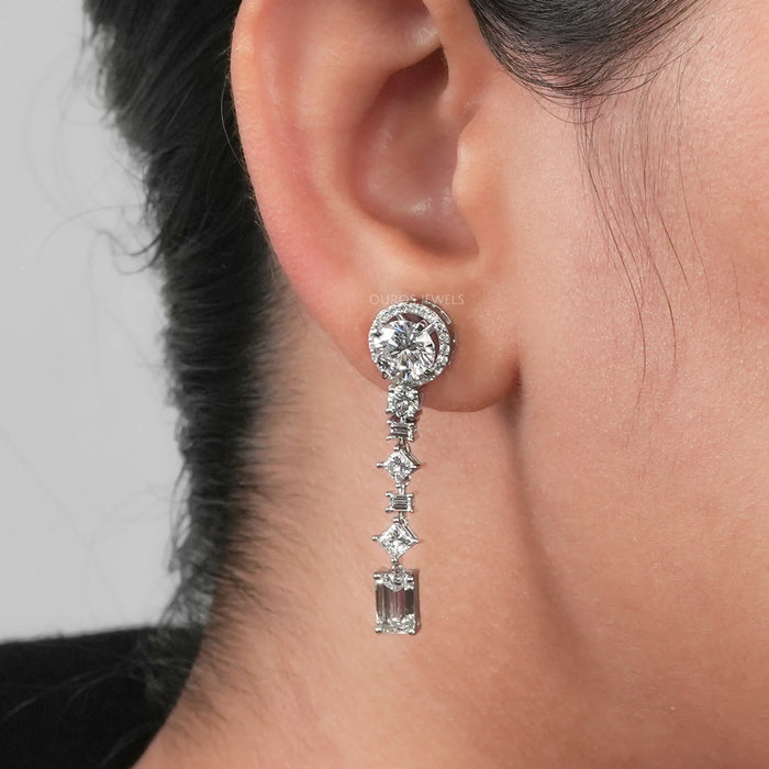 multiple shape diamond floating halo flat back drop earrings silver on ear