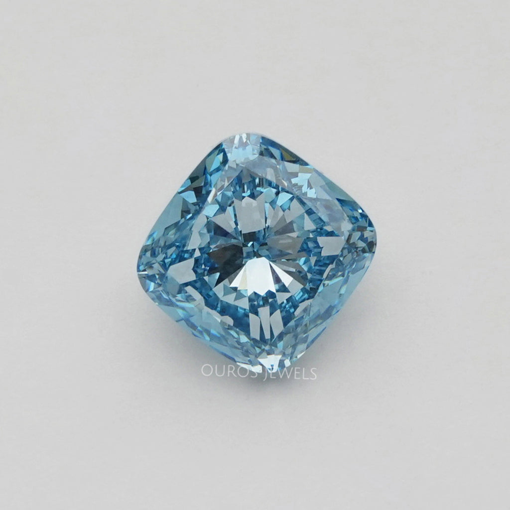 front view of 5.00 carat blue cushion cut lab grown loose diamond