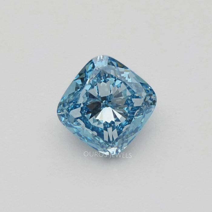 front view of 5.00 carat blue cushion cut lab grown loose diamond