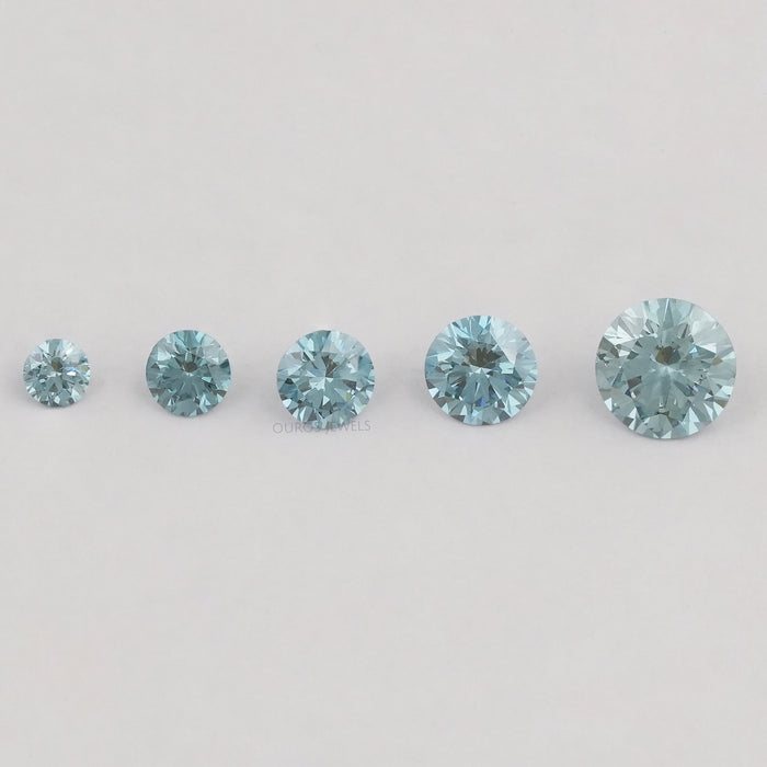 front view of blue round cut lab grown colored diamonds loose
