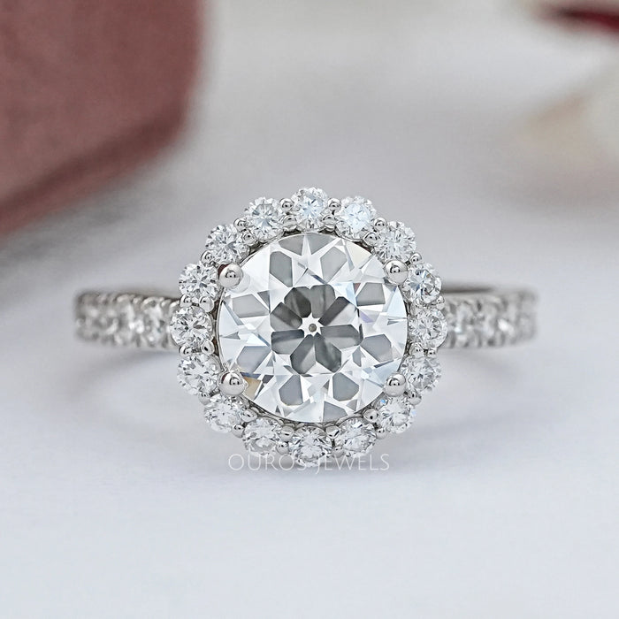 front view of old european round cut lab diamond halo engagement ring