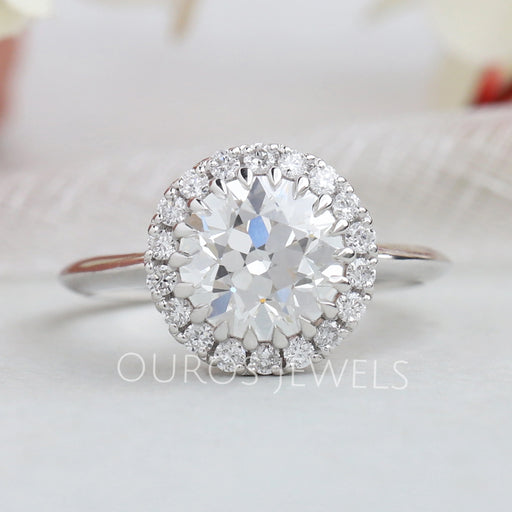 front view of old european round cut diamond halo solitaire engagement ring