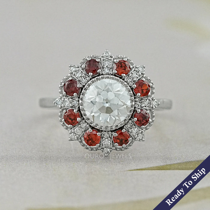 OEC Round Lab Diamond And Ruby Gemstone Halo Ring