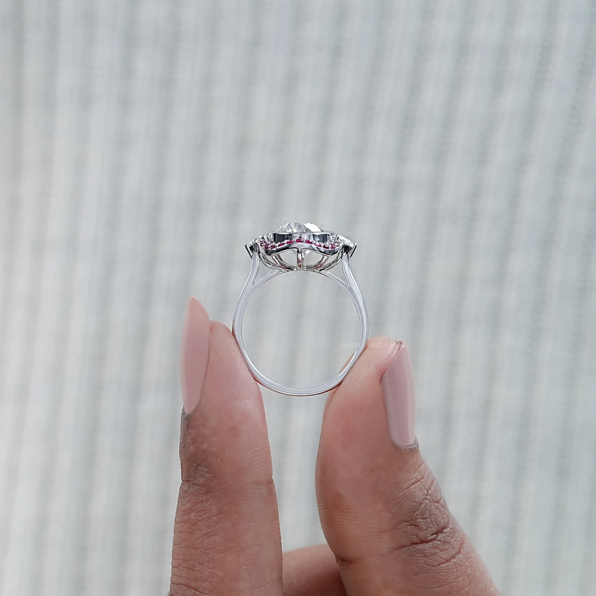 Bezel OEC Round Cut And Pink Sapphire Halo Engagement Ring