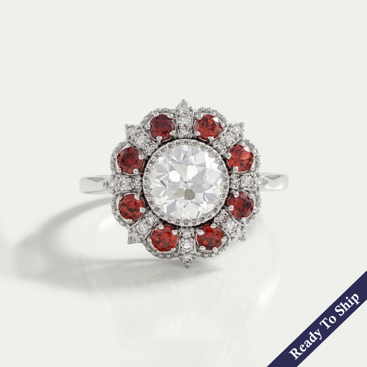 OEC Round Lab Diamond And Ruby Gemstone Halo Ring Rings