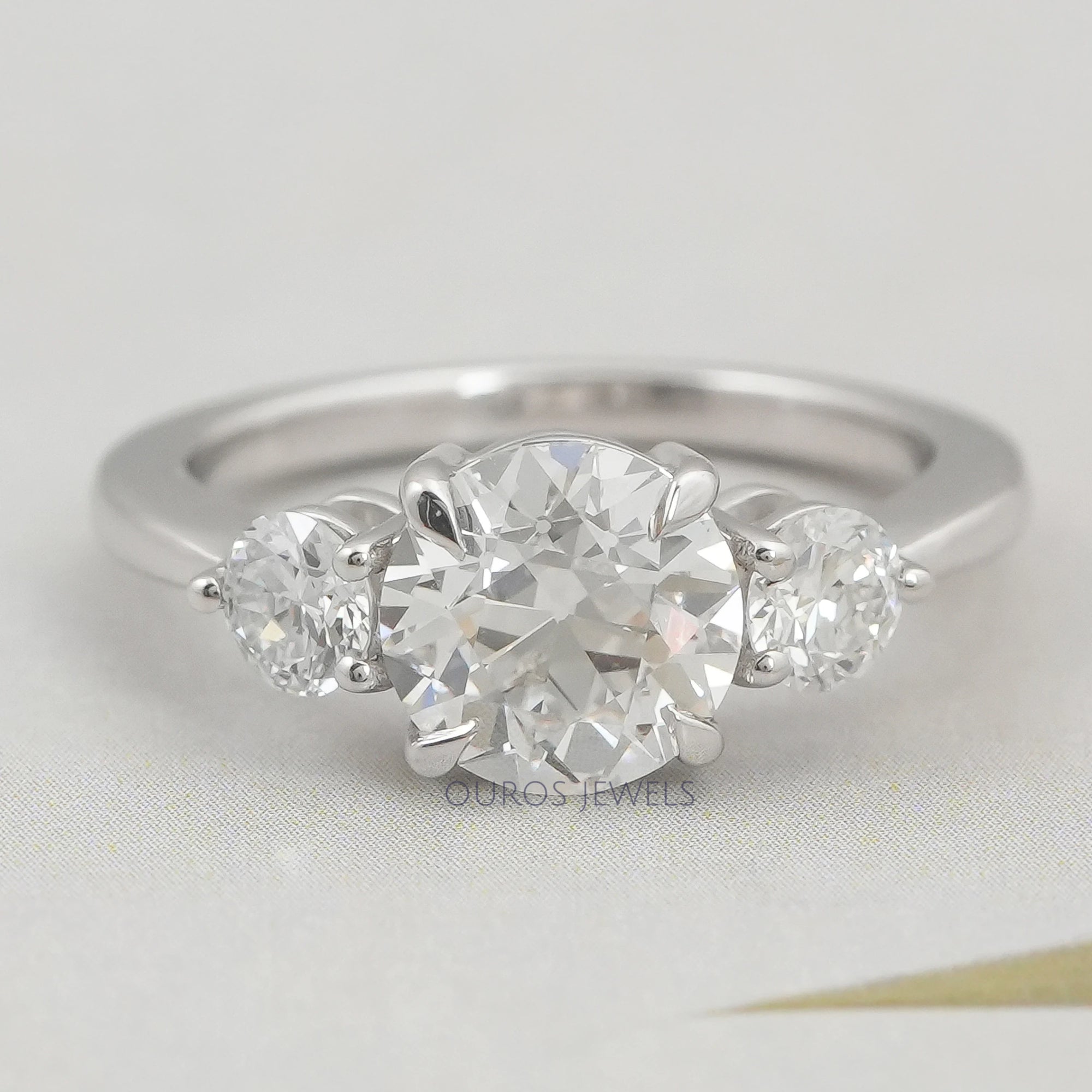 Old European Round Cut Three Stone Engagement Ring Rings